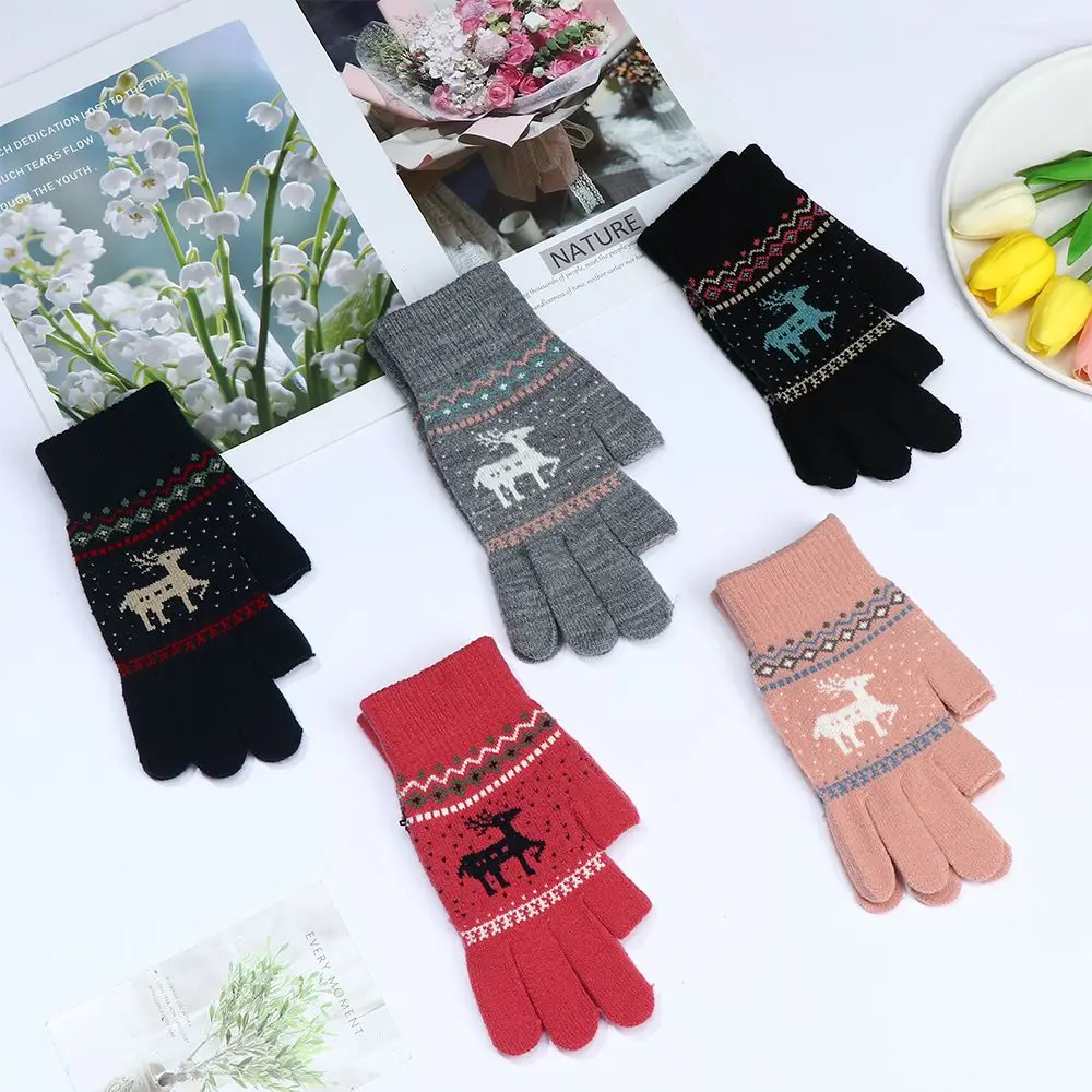 

Cycling Faux Cashmere Wool Knitting Cartoon Deer Pattern Autumn Winter Two-finger Exposed Fingerless Knitted Gloves