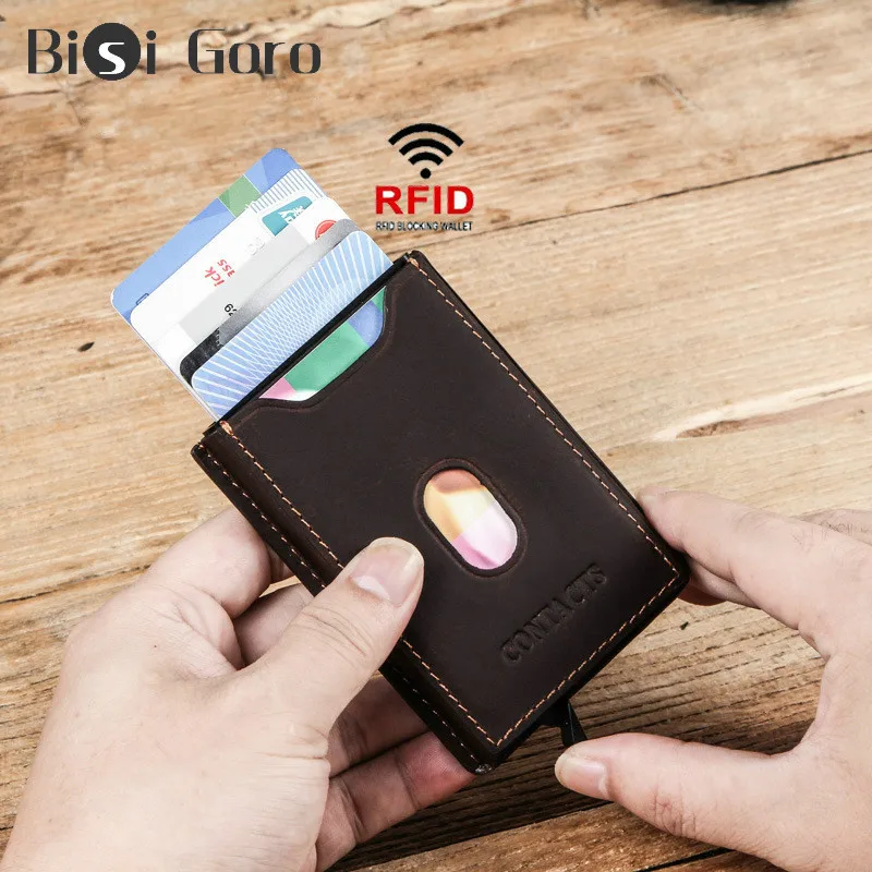 BISI GORO Высокое качество Crazy Horse Натуральная кожа RFID Блокировка Винтажный Мужской