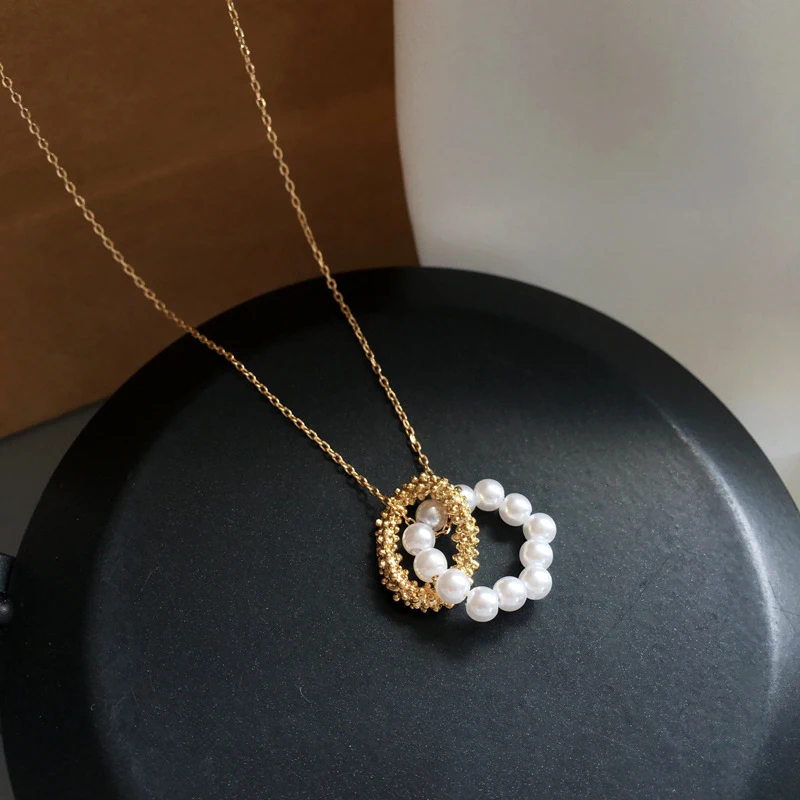 

Luxurious Double Circle Pearl Pendant Necklace Elegant Women's Wedding Gold Clavicle Chain Charming Ladies Party Jewelry Gift