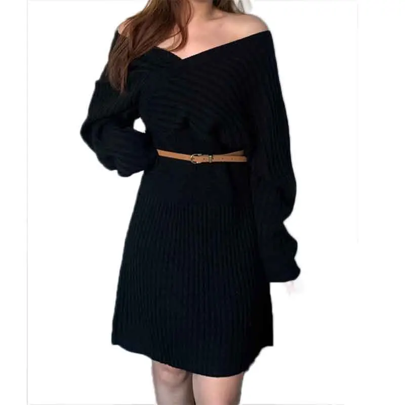 

Women Autumn Winter Solid Sweater Knitted Dresses Slim Elastic Long Sleeve Sexy V-Neck Dress Lady Fashion Clothes 2020 JS0012
