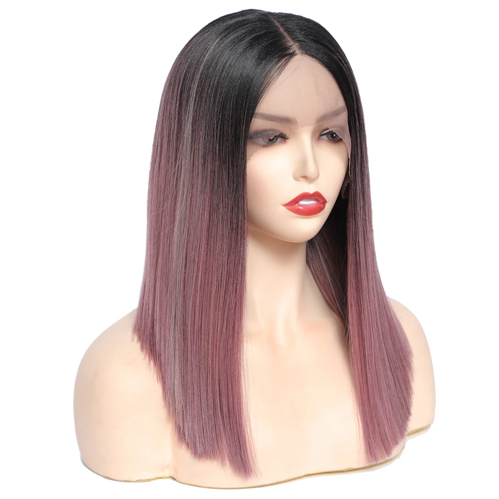 

Short Straight Lace Front Synthetic Wigs Black Purple Color Lolita Wig Middle Part Heat Resistant Fiber Hair Cosplay Wig IPARTY