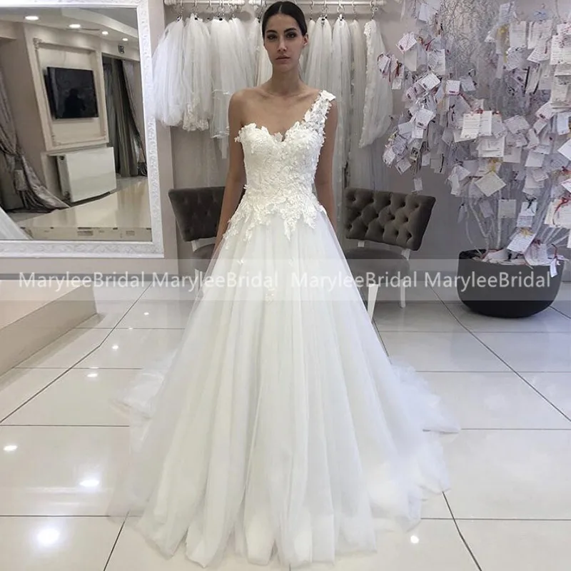 

One Shoulder Plunging Wedding Dress A Line Water Soluble Lace Appliques Robe De Mariee White Tulle Corset Back Bridal Dresses