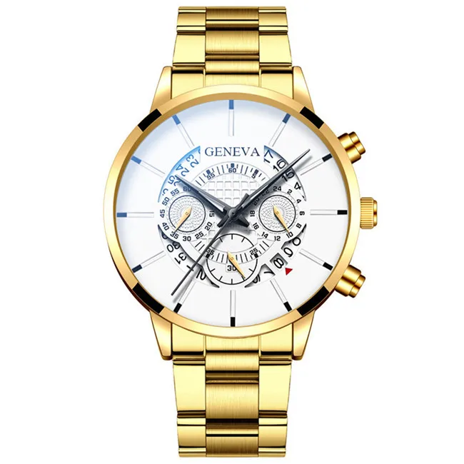 Gold White Модные мужские часы из нержавеющей стали, роскошные кварцевые деловые наручные часы с календарем, повседневные часы для мужчин, часы Relogio Masculino - Цвет: Gold White