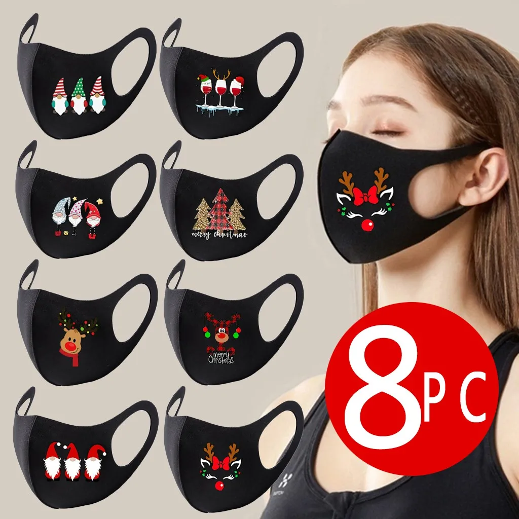

8PCS Christmas Facemask Party Mask Unisex Christms Santa Elk Printed Windproof Washable Santa Claus Masks Mouth Cover Máscara