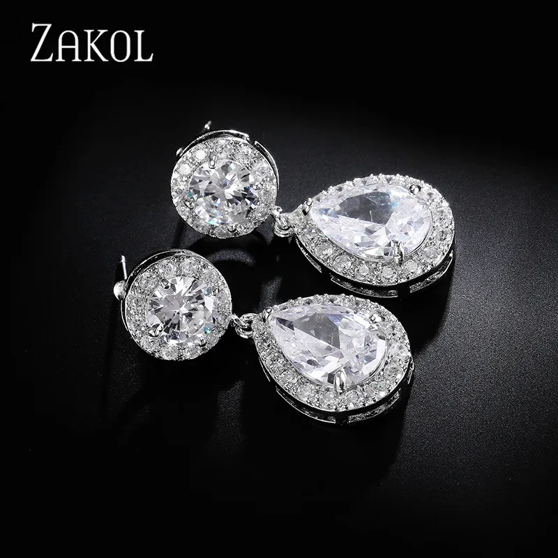 ZAKOL Classic Sliver Color Water Drop Shaped Cubic Zirconia Crystal Earrings For Women Romantic Wedding Jewelry Brides | Украшения и