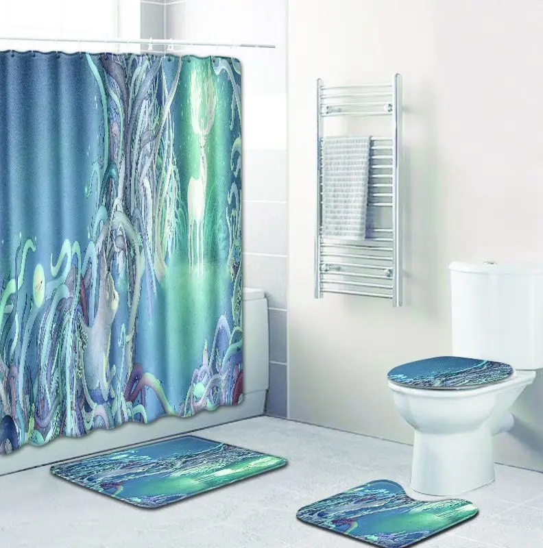 

Zeegle Shower Curtain and Bath Mat Set Anti Slip Toilet Pedestal Rug Foot Mat Absorbent Toilet Seat Cover Mat 4pcs Toilet Set