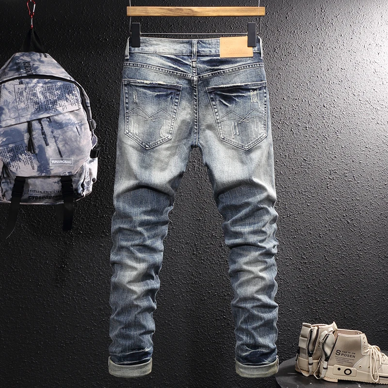 Street Style Fashion Men Jeans Retro Blue Slim Fit Destroyed Ripped Jeans Men Embroidery Designer Hip Hop Casual Denim Pants