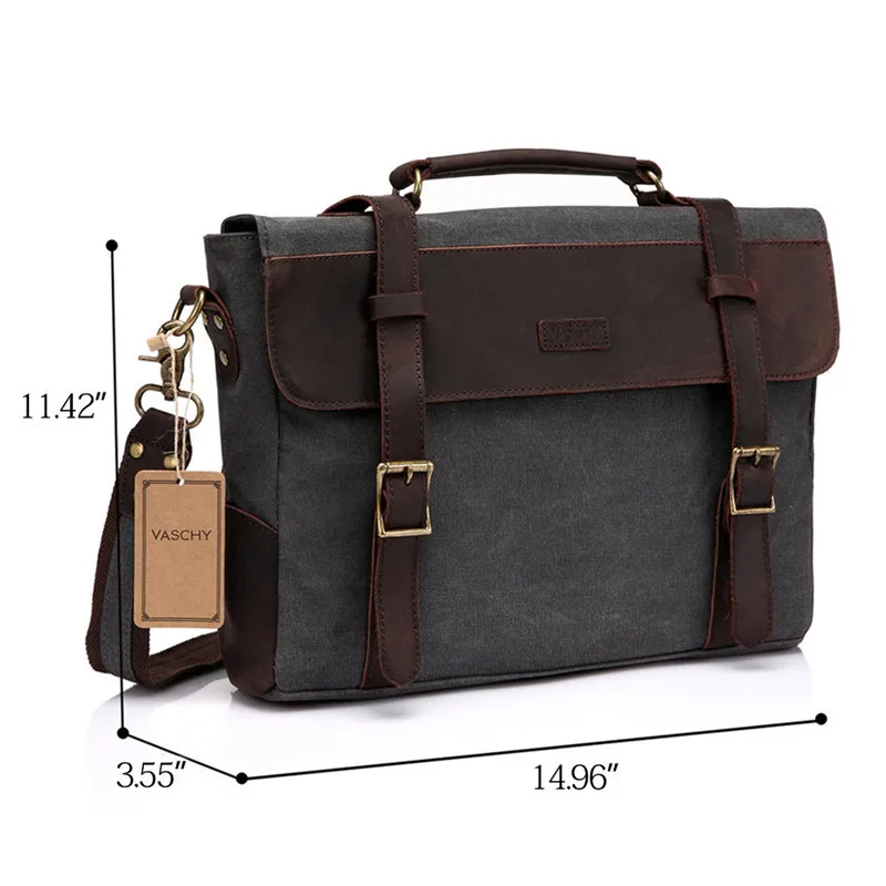 vaschy men vintage briefcase genuine leather canvas messenger bag for men business shoulder bag fits 14 inch laptop handbag free global shipping