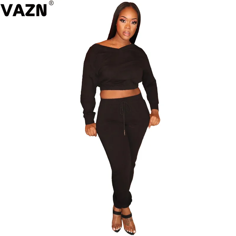 VAZN Solid popular 2020 early autumn sexy lady 3 colors 2-piec elong set full sleeve V-neck tees long pants young casual |