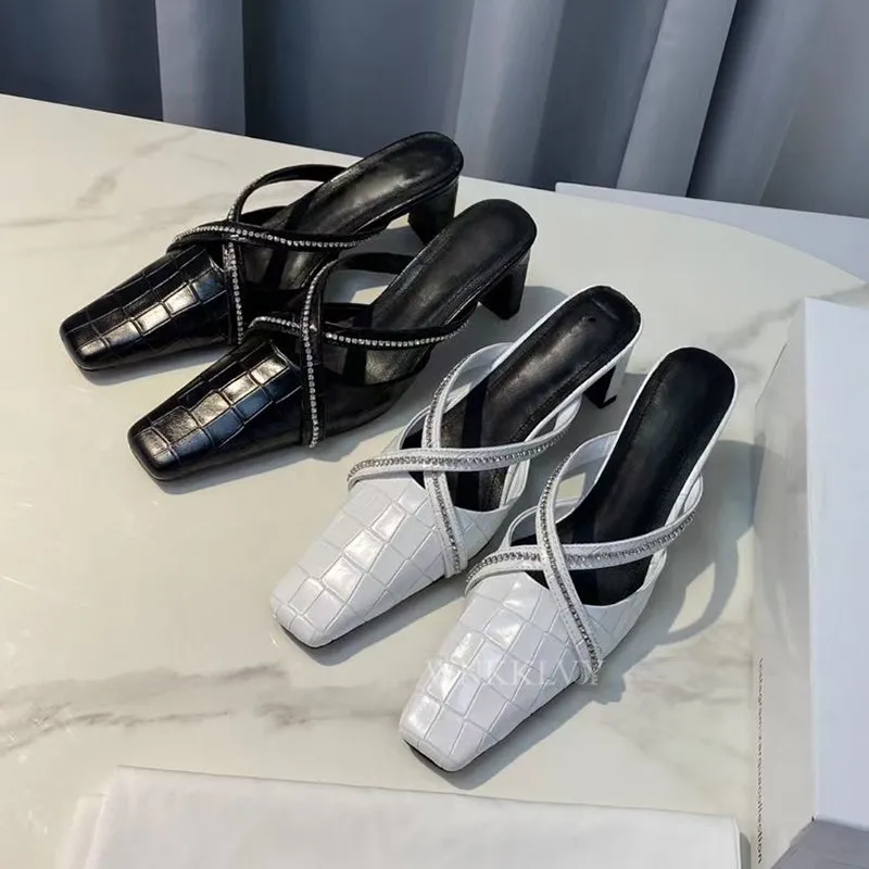 

Square Toe Crystal Cross Cut Outs Slippers Women Shiny Leather Chunky High Heel Sandals Summer Sexy Party Dress Shoes For Ladies