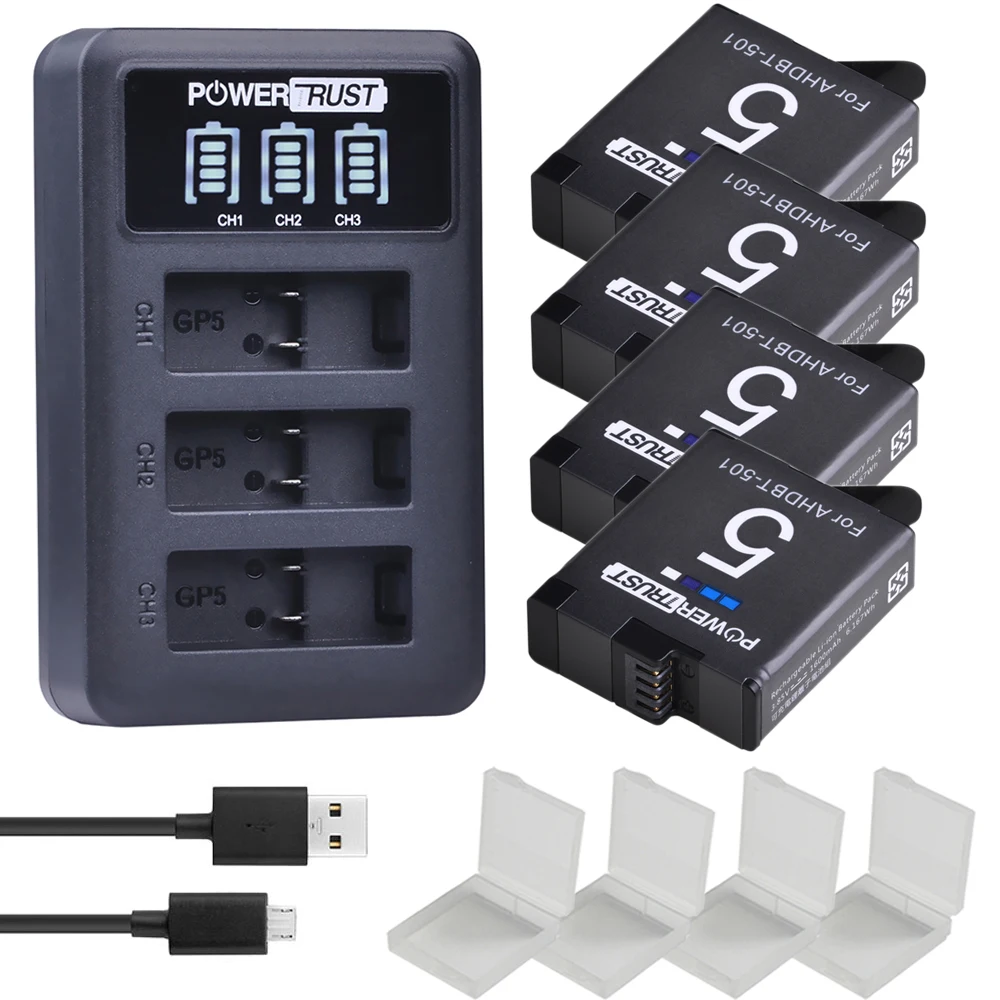 

1600mAh AHDBT-501 AHDBT501 Battery for Gopro Hero5 Hero6 Hero7 2018 Camera with LED USB 3-Port Charger