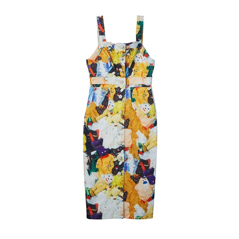 

VGH Korean Print Sling Dress For Women Square Collar Sleeveless High Waist Vintage Midi Dresses Female 2021 Summer Fashion Style