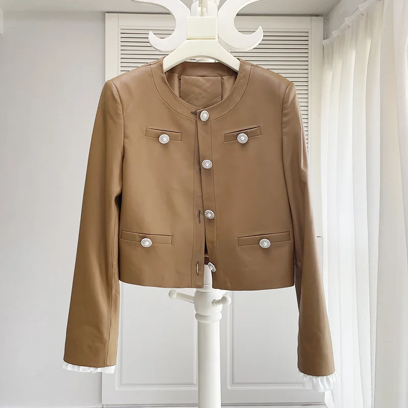 

Новинка 2021 Молодежная кожаная куртка женская короткая куртка из овечьей кожи модная кожаная куртка с круглым вырезом