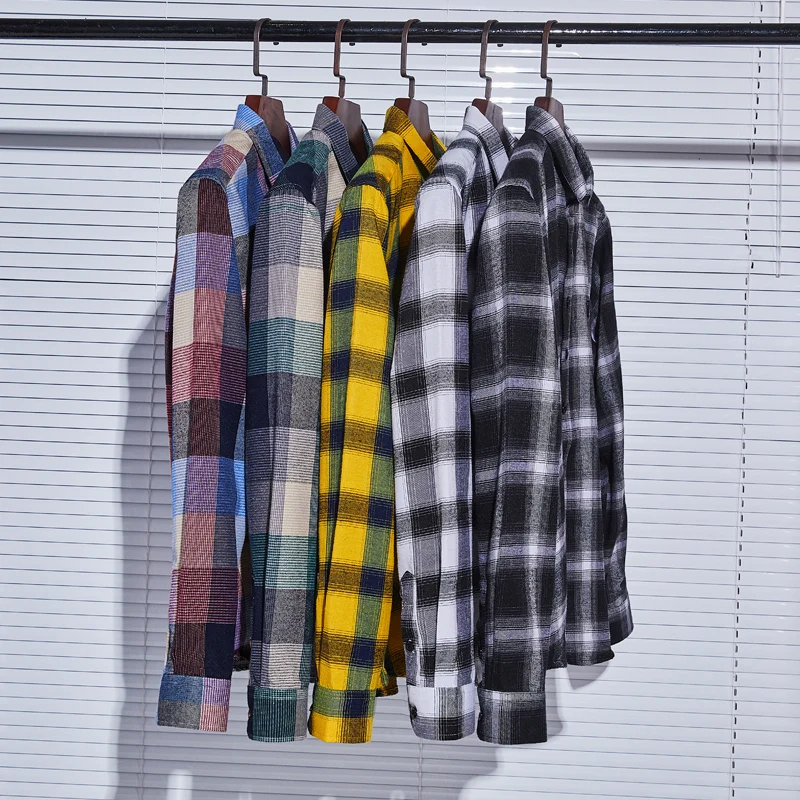 

New Men Casual Plaid Flannel Shirt Long-Sleeved Chest Pocket Design Fashion Printed-Button