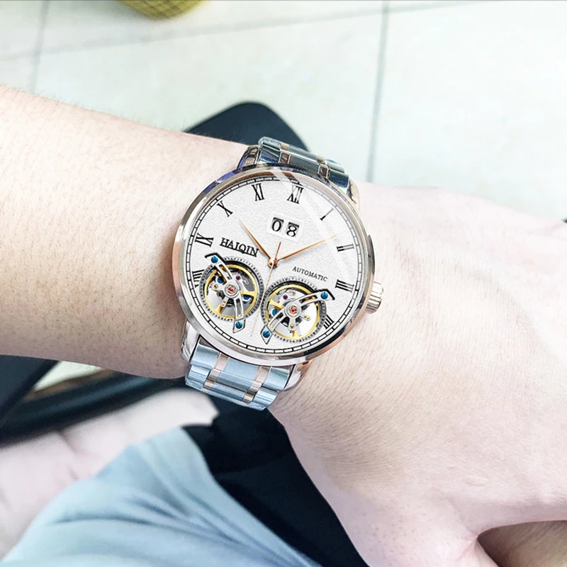 HAIQIN Men Mechanical Automatic Double Tourbillon Calendar Stainless Steel Wrist Watches Top Brand Luxury Military Male Clock