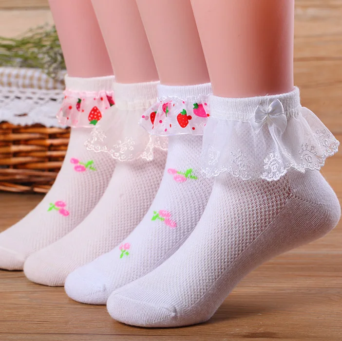 Calcetines de encaje con lazo de fresa para ni&ntilde;a, medias de algod&oacute;n transpirables de malla para ni&ntilde;o, 1 par-0