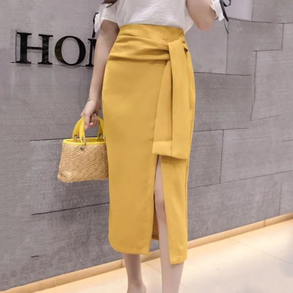 2020 летняя офисная юбка с разрезом и бантиком Необычные Длинные юбки для женщин OL