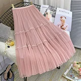 

2021 Spring New Solid Color Draping Mesh Long Skirt Women's High Waist A- Line Fairy Pleated Skirt Female