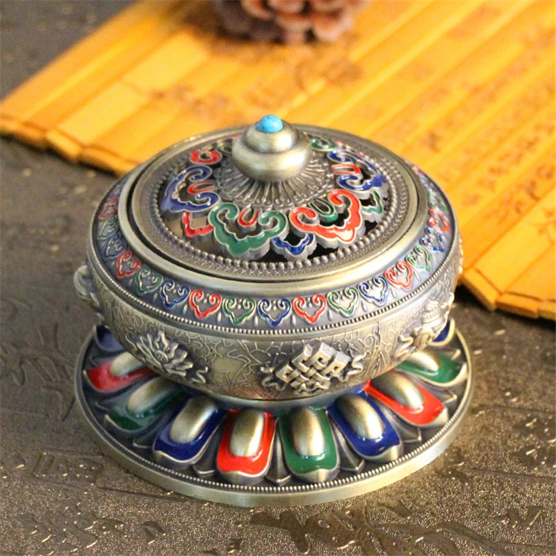 

Tibetan household incense burner colorful buddhist eight auspicious lotus plate incense burner