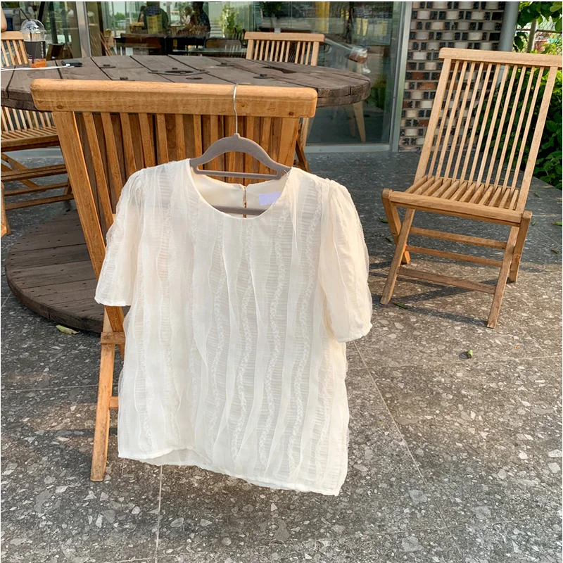 

Summer New Design Puff Sleeve Retro Shirt Korean Style Chic Short Sleeve Shirt for Women Simple Solid All Match Blusas De Mujer