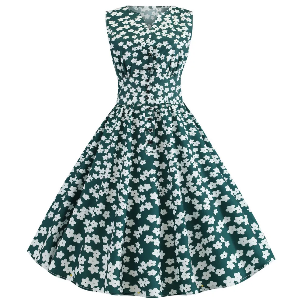 Summer Vintage Dress Women 2019 Sleeveless V-neck Floral Party Elegant Retro Rockabilly Dresses Big Swing Casual Vestidos | Женская