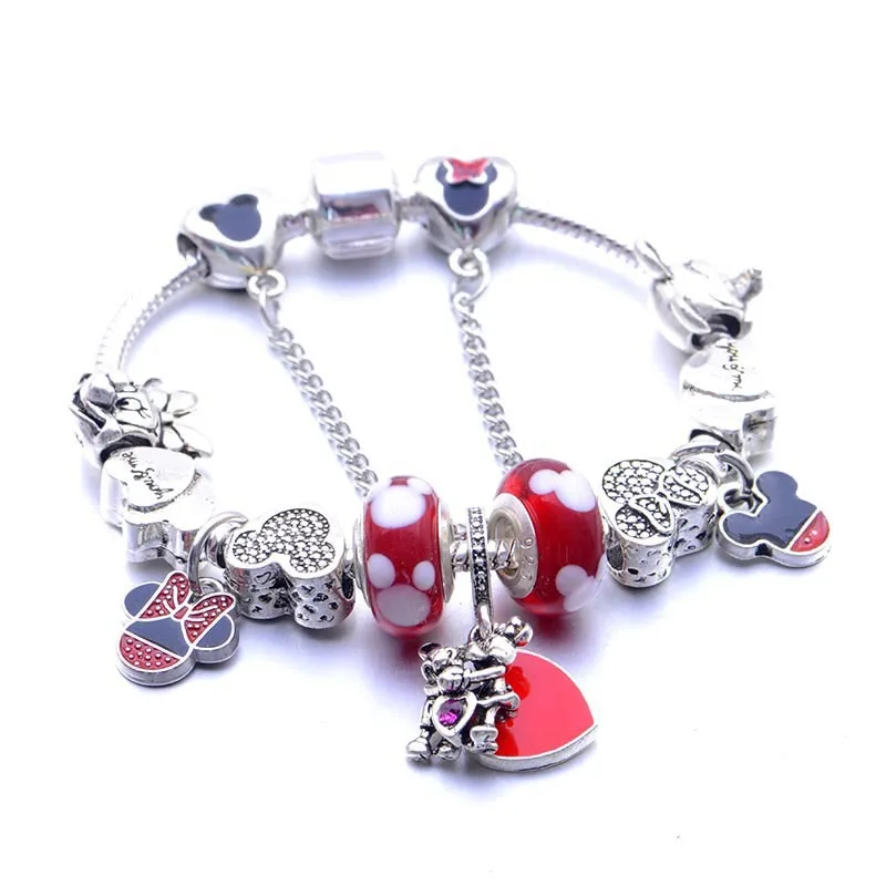 

Hot Mini Bear Minnie Pandora Bracelet Red Enamel Kiss Mickey Mouse Pendant Bracelet