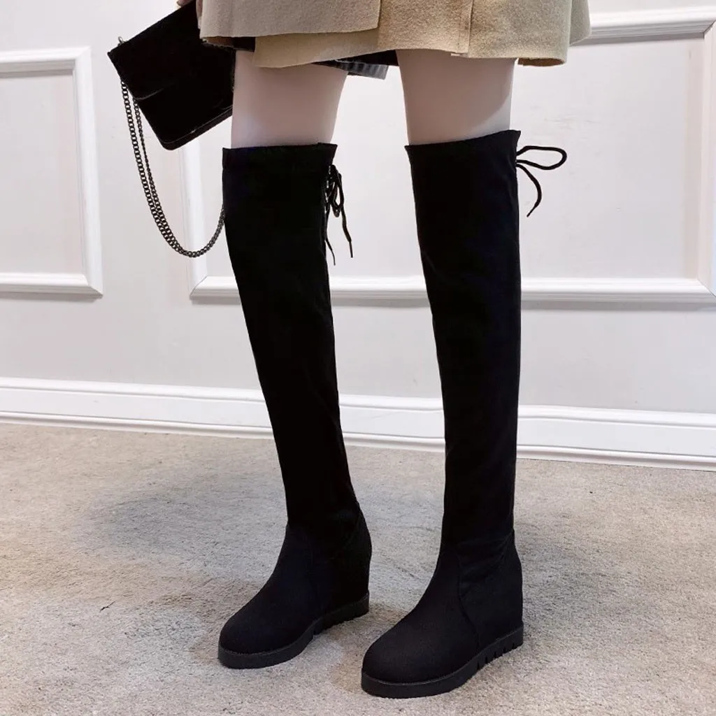 Зимние Сапоги выше колена для женщин теплые эластичные сапоги на танкетке