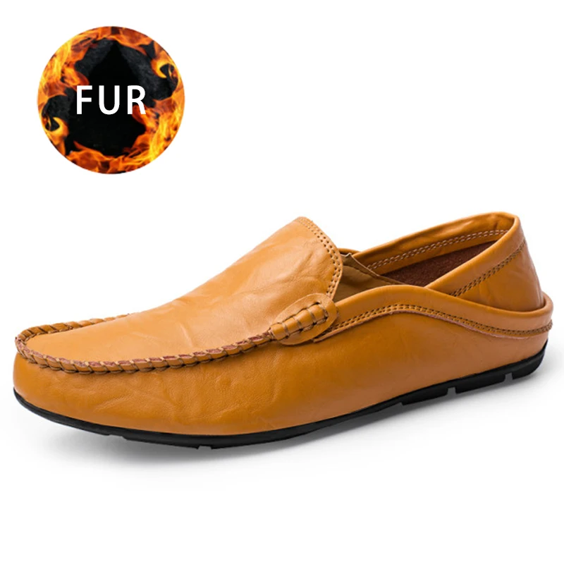 brown with Plush Г., модная мужская обувь повседневные удобные лоферы из натуральной кожи мужские мокасины дышащая водонепроницаемая обувь без шнуровки для вождения - Цвет: brown with Plush