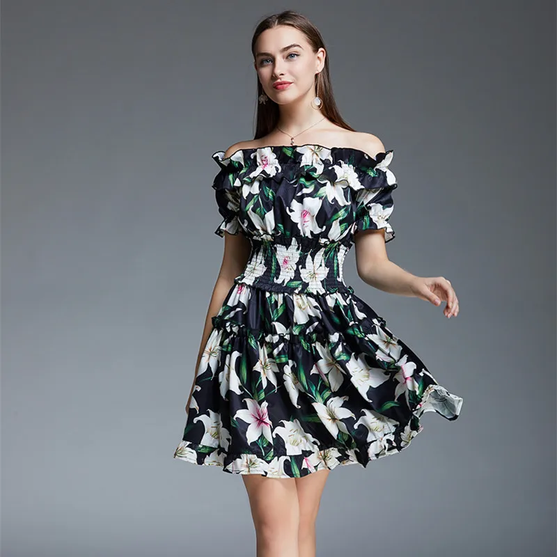 Летнее подиумное дизайнерское короткое платье с цветочным принтом лилии для