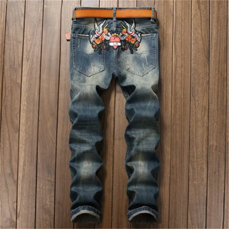 Men's Large Size Straight Tube Slim Casual Fashion Joker Embroidery Rose Trend Retro Blue Middle Waist Denim Trousers