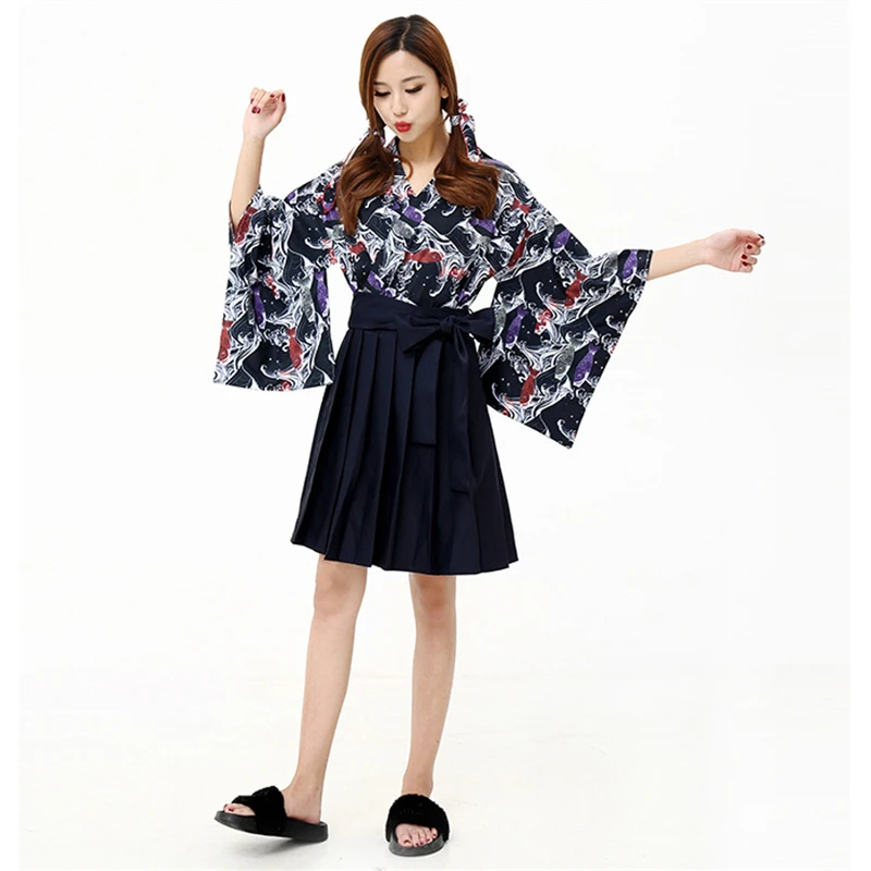 

Традиционные женские костюмы в японском стиле в азиатском стиле с рисунком морской рыбы, уличная одежда, домашнее платье