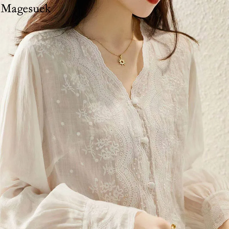 

French Embroidery Flower Lace Women's Shirt V Neck Sweet Long Sleeve Linen Blouse Women Autumn Loose Elegant Sunscreen Top 16108