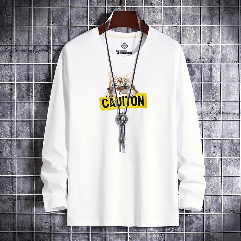 Футболка мужская с длинным рукавом 100% хлопок мультяшным принтом кошки