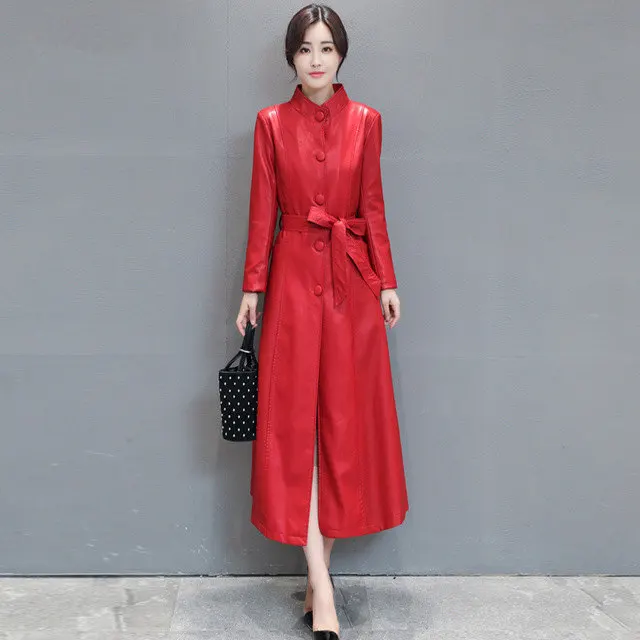 Женский Длинный плащ из искусственной кожи красный/черный с ремнем большой