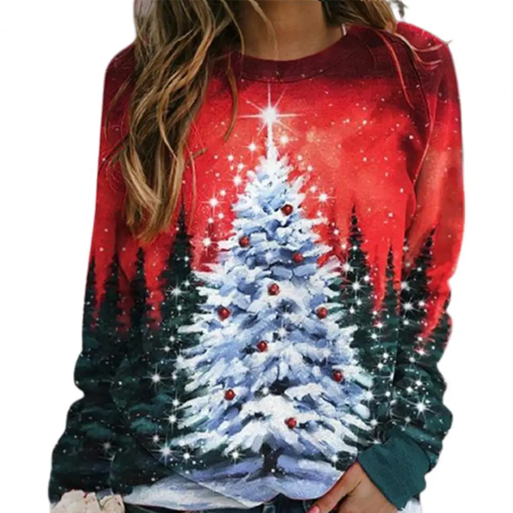 

Women Sweatshirt Christmas Tree Print Patchwork Pullover Long Sleeve O-Neck Stretchy Xmas Blouse Outerwear Ladies Clothing