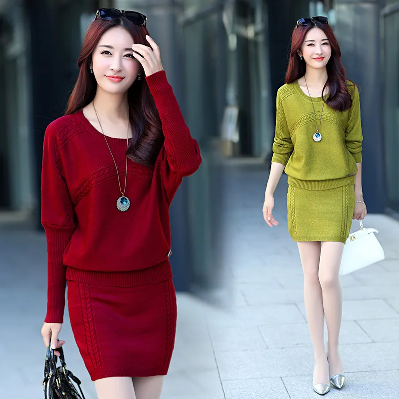 

2019 new hot sale women's spring autumn two pieces long sleeve sweaters skirts woman casual sweater clothing set
