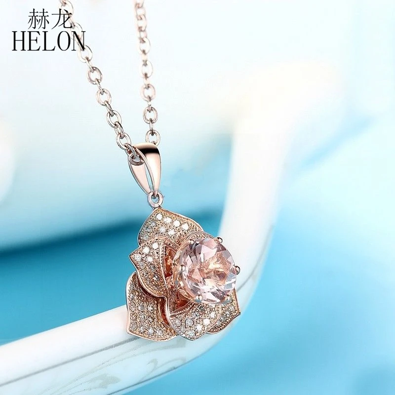 HELON Solid 10k Rose Gold Flawless Round 1.7ct Natural Morganite & Diamond Pendant Women Flower Jewelry Elegant Gemstone | Украшения и