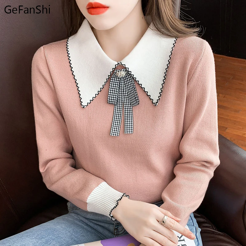 

Новинка, осенне-зимний вязаный свитер, женский толстый женский свитер с бантом, модные элегантные милые женские облегающие пуловеры, свитер...