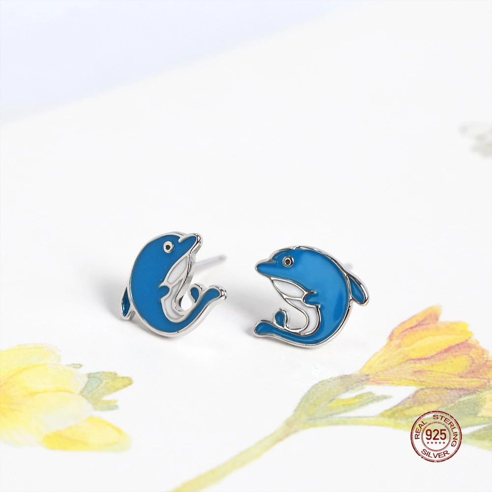 LKO Настоящее серебро 925 пробы милые синие серьги-гвоздики в виде дельфина для