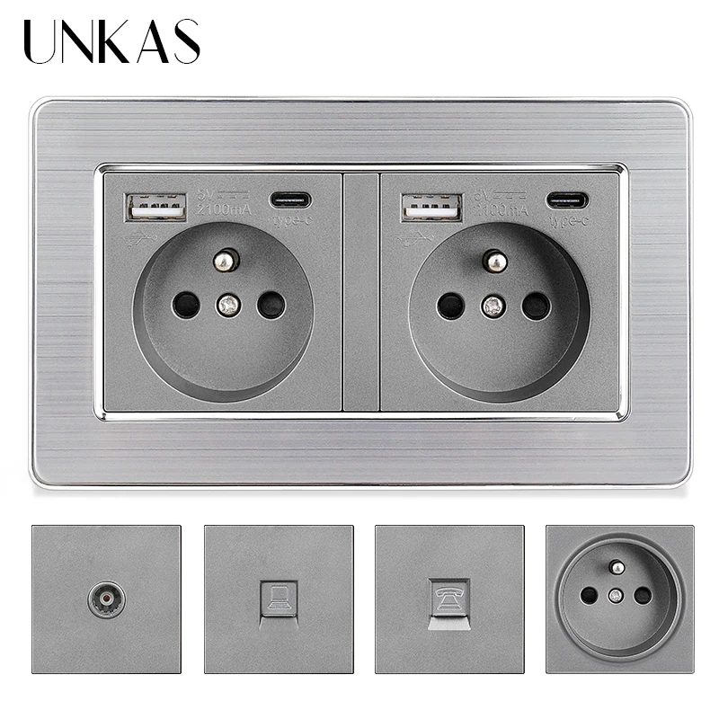 Французская розетка UNKAS с USB-портом типа C серого цвета + ТВ RJ11 телефонный разъем RJ45