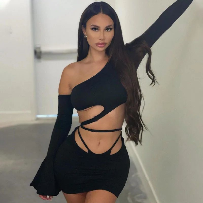

Summer Women Fashion Solid One-Shoulder Flare Sleeve Hollow Out Sexy Top Dress Set Slim Streetwear Outfits