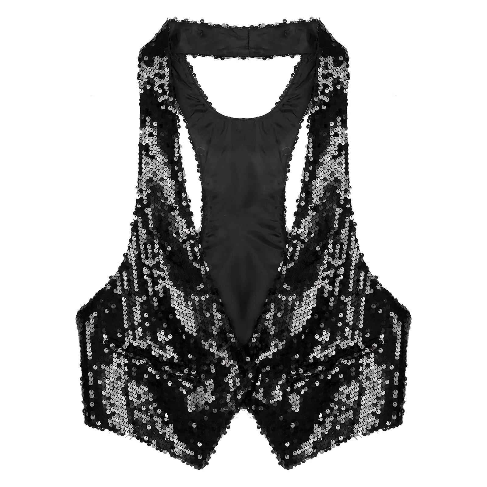

Womens Shiny Sequin Vest Bartender Waitress Waistcoat Costume Dancewear V Neck Crop Top Clubwear