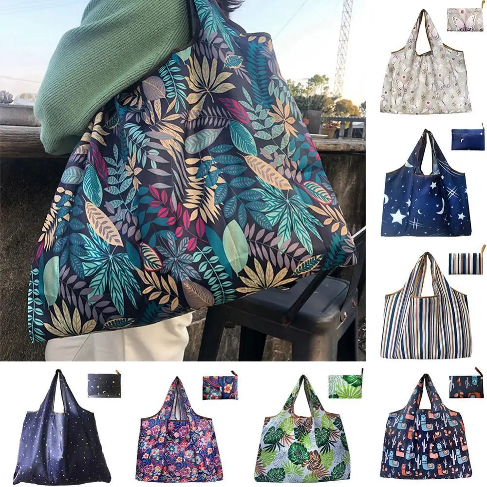 

Flower Star Stripe Reusable Folding Women Shopping Bag Large Capacity Pouch Tote