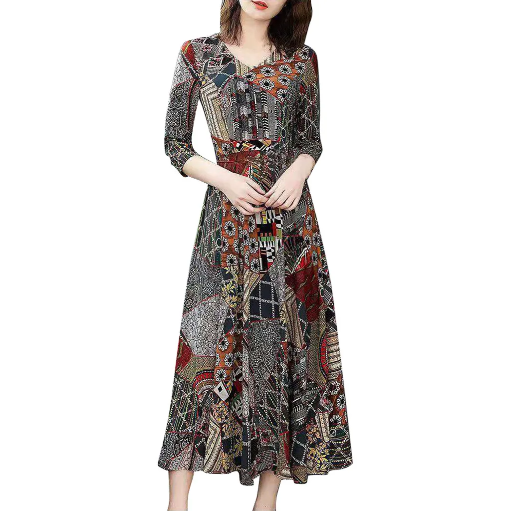 Maxi Dresses For Women Casual Loose V-Neck Three Quarter Sleeve Long Vintage Ladies Floral Print A-line Dress Sukienka | Женская одежда