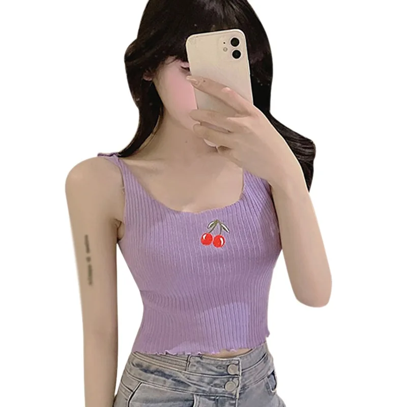 

Womens Cherry Embroidery Vest Summer Sleeveless Sexy Slim Exposed Navel KnittedVest Tank Top
