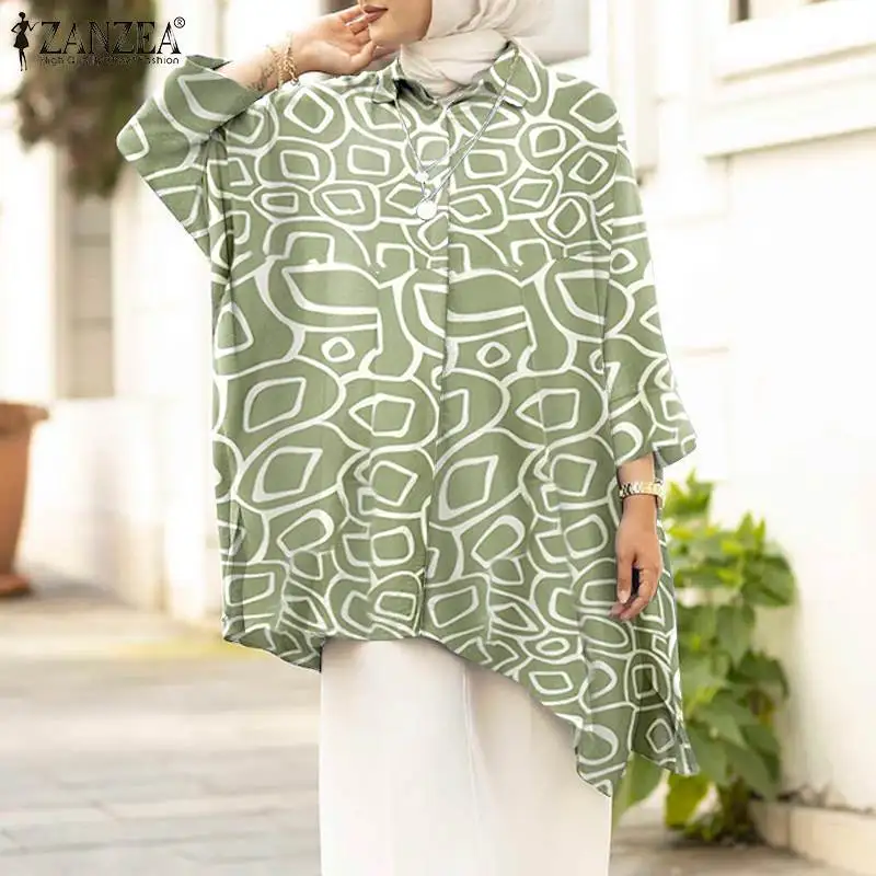 

ZANZEA Fashion Casual Muslim Long Top Fashion Long Sleeve Button Down Irregular Hem Shirt Blouse Loose Holiday Printed Tunic Top