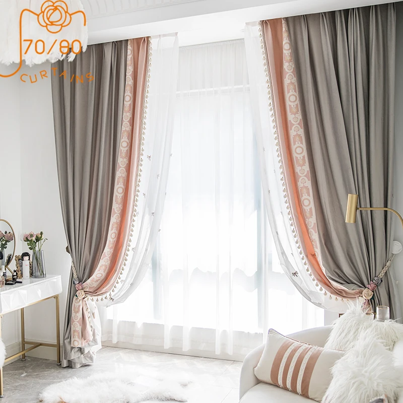 Nordic Princess Style Gray Pink Velvet Lace Stitching Blackout Curtains Bedroom Living Room Customization Finished Product