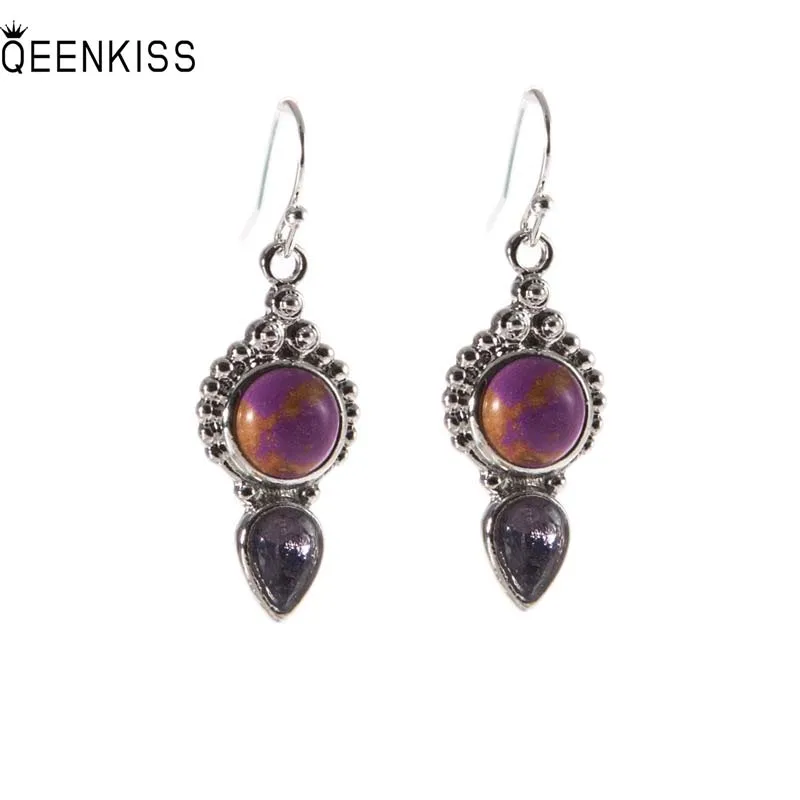 

QEENKISS EG6367 Fine Jewelry Wholesale Fashion Woman Girl Birthday Wedding Retro Round Turquoise Antique Silver Drop Earrings