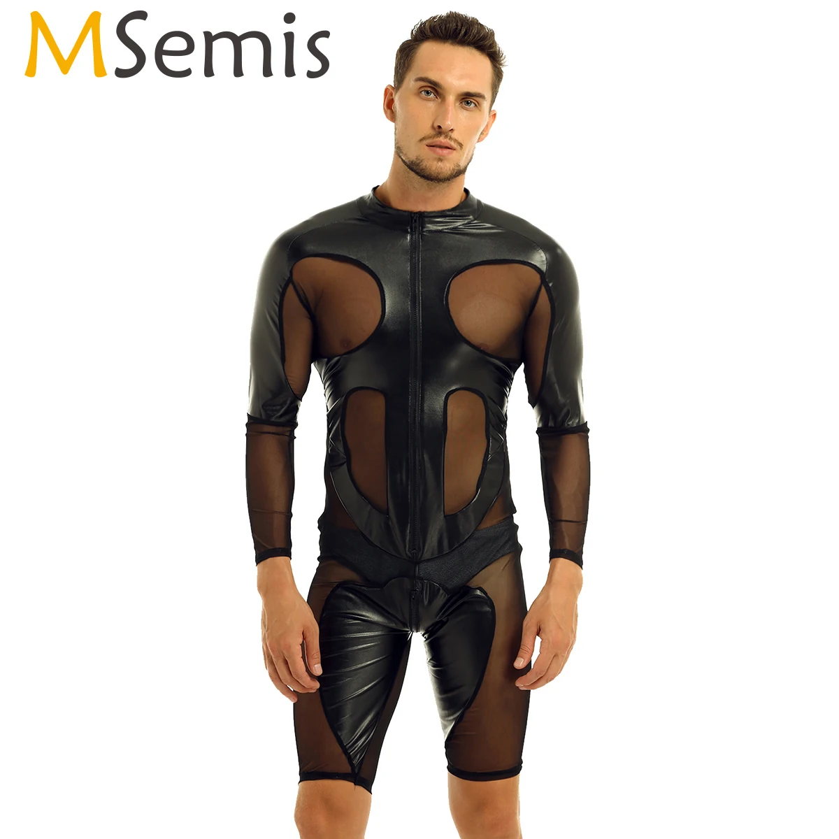 Боди мужское кожаное Сетчатое Цельный купальник трико шорты боксеры