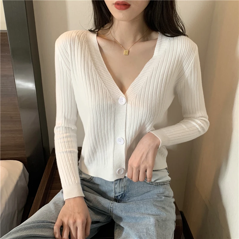 

Slim-fit Sweater Women 2021 New V-neck Sweater Top Women's Autumn and Winter Long-sleeved Cardigan Sweater Jacket